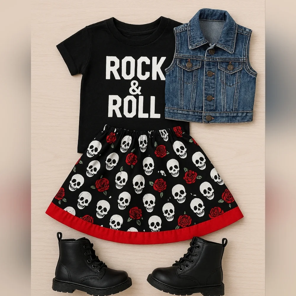 Conscious Children Punk Skirt – Skulls & Roses, Made in USA - Size 12-18 Month - Picture 1 of 7